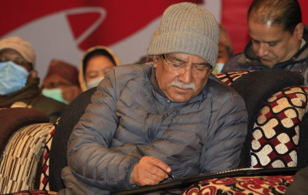 माओवादी केन्द्रको जारी आठौं महाधिवेशनअन्तर्गत बिहीबारको बन्दसत्रमा अध्यक्ष पुष्पकमल दाहाल 'प्रचण्ड'।